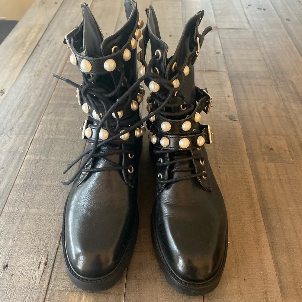 ZARA leather boots with pearls NWT